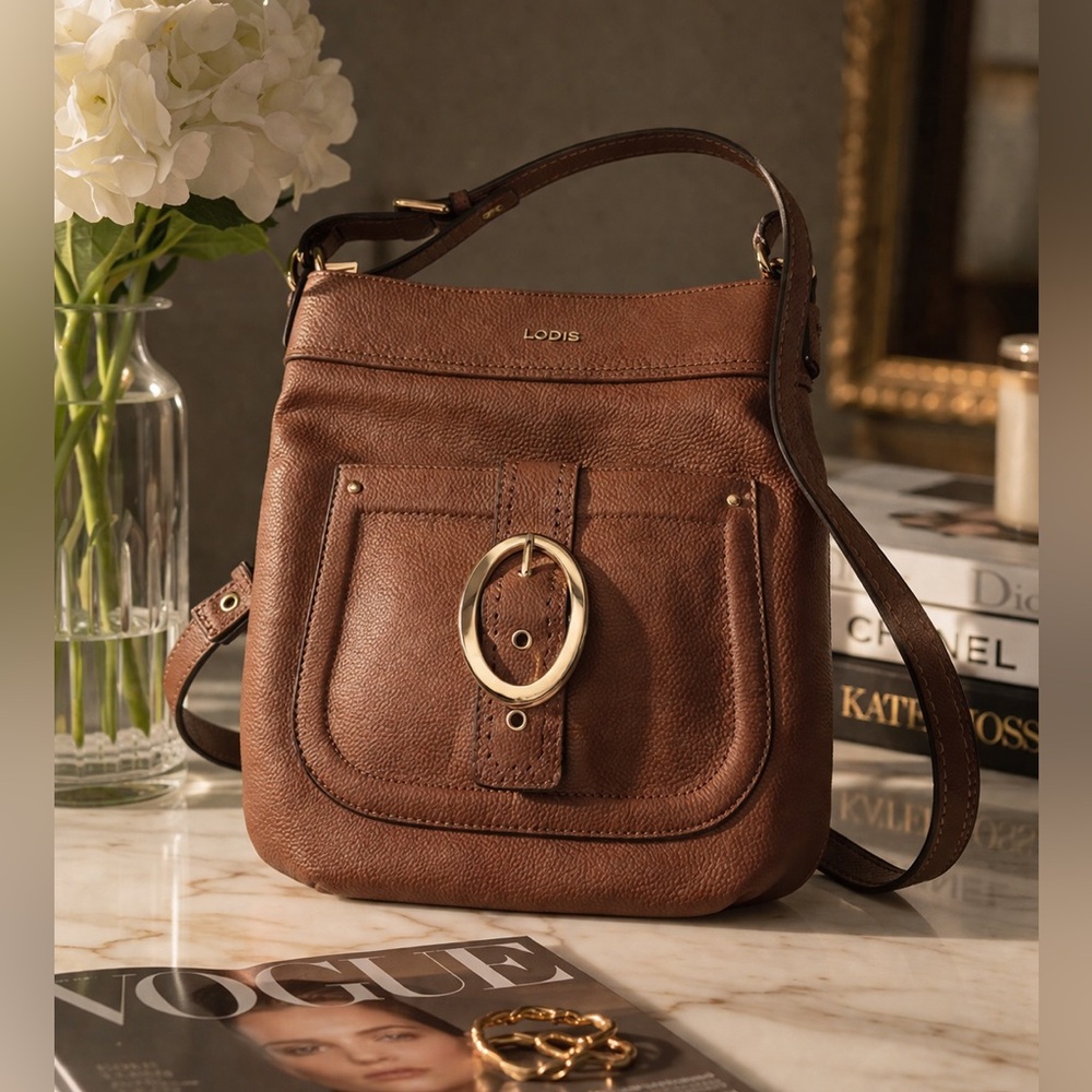 Lodis Camel Pebbled Leather Crossbody Bag Gold Hardware NWT Classic